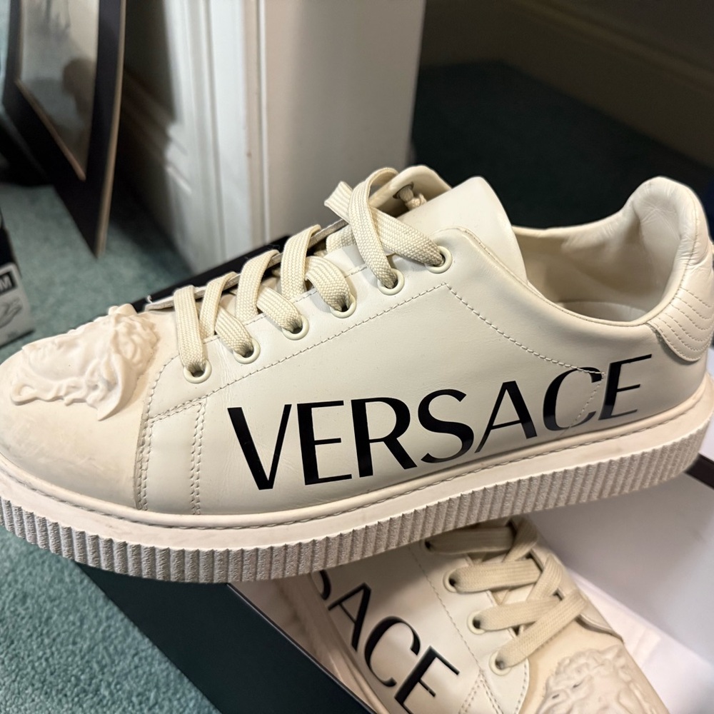 Versace Men’s Cream Leather Logo Low-Top Sneakers with Black Lettering